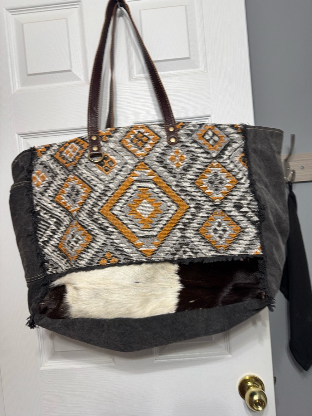 Myra Bag Geometric Handwoven Shoulder Tote in Mustard, Gray, Brown and Cream